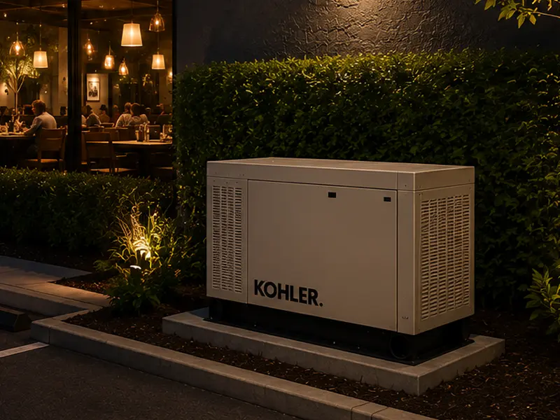 Grupo electrógeno Kohler a gas instalado en restaurante comercial